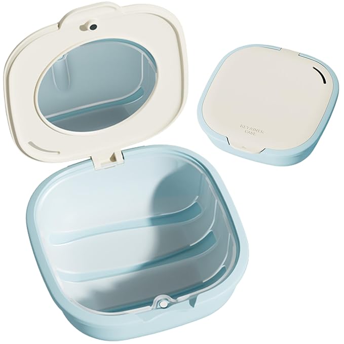 Retainer Case with Mirror and Vent Holes, Cute Slim Aligner Case Compatible with Invisalign, Magnetic Closure Orthodontic Case for Retainers and Mouth Guards (Beige & Blue)