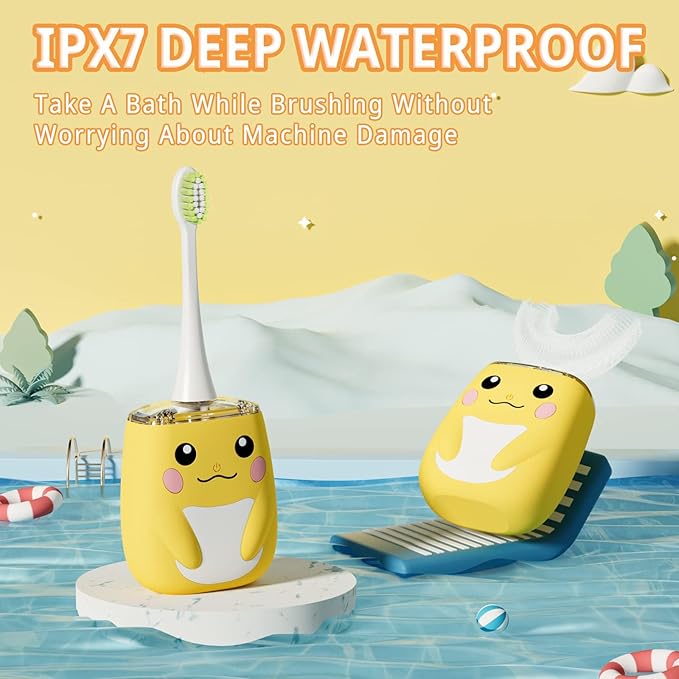 Kids Electric U Shaped Toothbrush Children Rechargeable Sonic Toothbrush with 6 Soft Brush Head Automatic Full Mouth 6 Cleaning Modes -Age2-7 Yellow