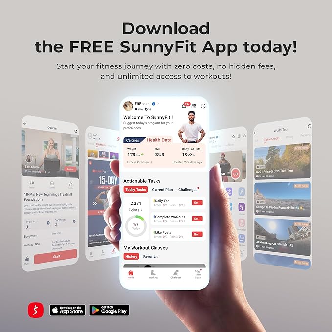 Sunny Health & Fitness Strider Foldable Treadmill, 20-Inch Wide Running Belt with Optional Exclusive SunnyFit™ App and Enhanced Bluetooth Connectivity-StrideForce Fitness