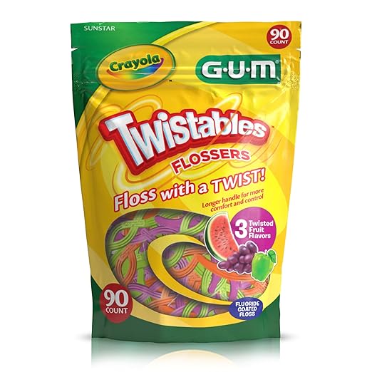 GUM Crayola Twistables Kids Flossers with Fluoride - Designed for Little Hands - Three Fun Fruit Flavors - Easy to Use Kids Floss Picks for Children Ages 3+, 90 Count (Pack of 4)
