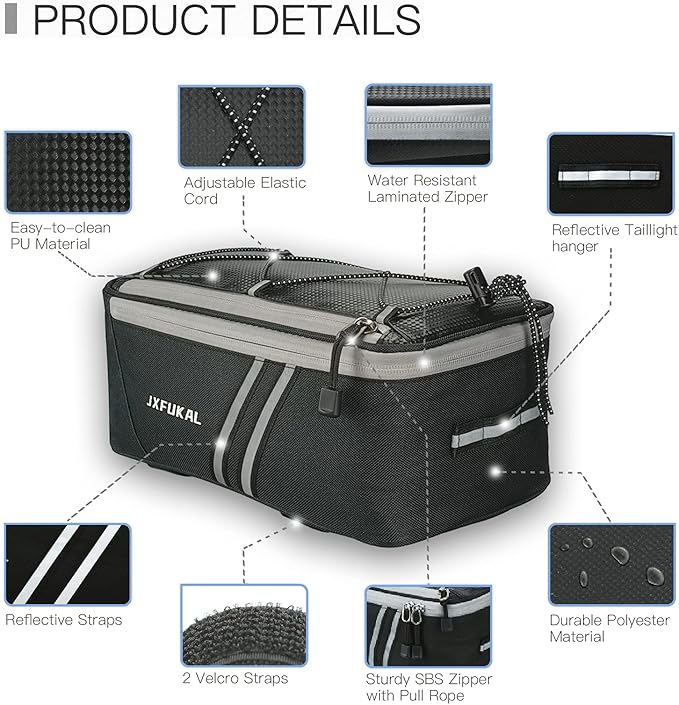 JXFUKAL Rear Bike Rack Bag with Rain Cover, 7L/9L/10L/12L Waterproof Bicycle Ebike Saddle Bag Cycling Pannier Trunk Carrier with Reflector & Adjustable Cord for Commuter Travel Outdoor-StrideForce Fitness