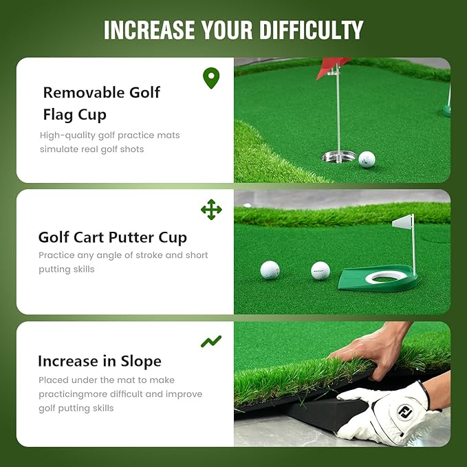 Thickened Realistic Golf Putting Green, 5 x 10ft Professional Golf Practice Training Mat for Indoor Outdoor, 3 Holes, Long Challenging Game Green Mat for Children with Training Aid Put Cup-StrideForce Fitness