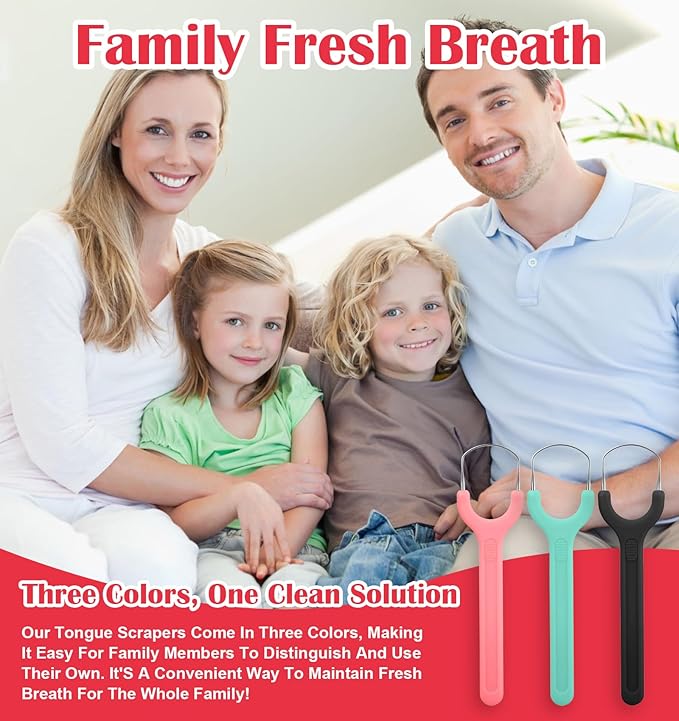 6Pack Tongue Scraper, Stainless Steel Tongue Cleaner for Adults, Metal Oral Hygiene Tool for Bad Breath, Easy to Use & Portable (3 Color)