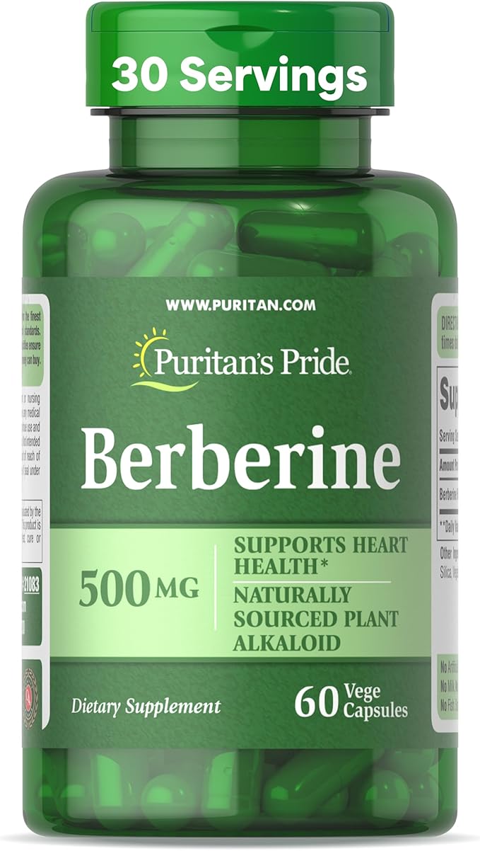 Puritan's Pride Berberine 500 mg, Dietary Supplement Support for Heart Health, Weight Loss, Support Blood Sugar and Cholesterol, 1 Month Supply, 60 Capsules-StrideForce Fitness
