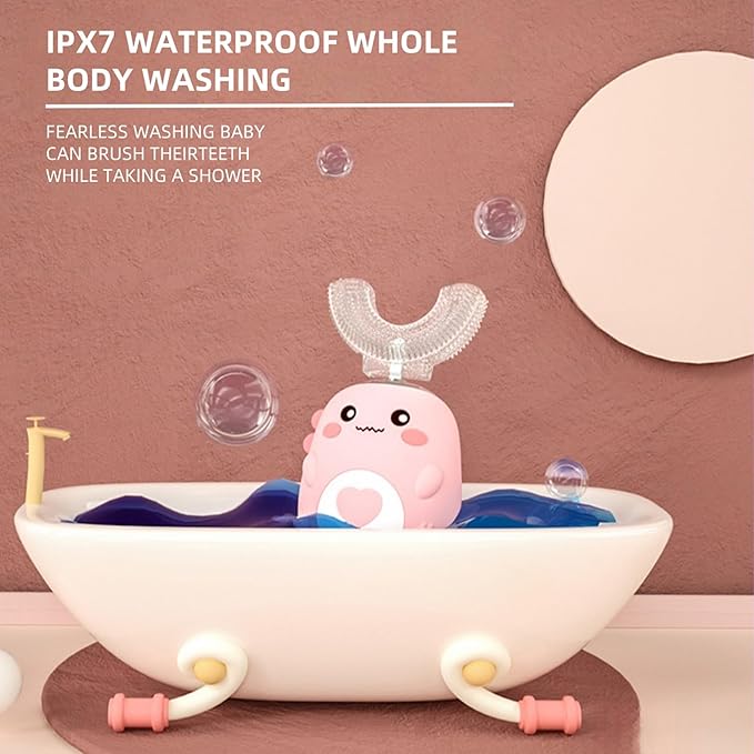 Kids U Shaped Electric Toothbrush with 4 Brush Heads, 360° Sonic Automatic Toothbrush with 3 Cleaning Modes, IPX7 Waterproof Cartoon Dinosaur Design (Ages 2-12)