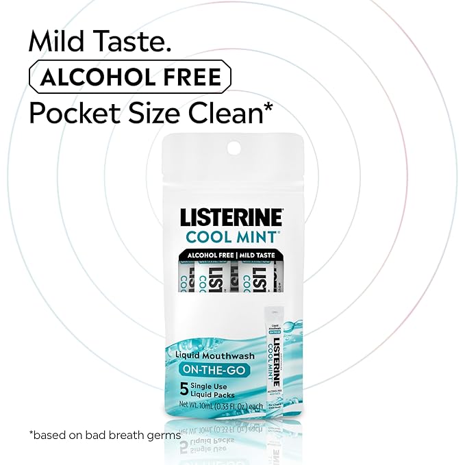 Listerine On-The-Go Cool Mint Alcohol Free Mouthwash Packets, Oral Rinse in Individual Packets Kills Bad Breath Germs, Less Intense Taste, Cool Mint Flavor, Mini Travel Size, 0.33 fl oz. Pack of 5