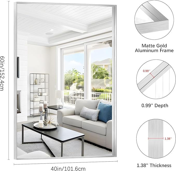 Silver Bathroom Mirror, 60x40 Inch Rectangular Framed Mirror, Large Wall Mounted Bathroom Vanity Mirror Over Sink for Bedroom,Restroom, Living Room, Hangs Vertically or Horizontally-StrideForce Fitness