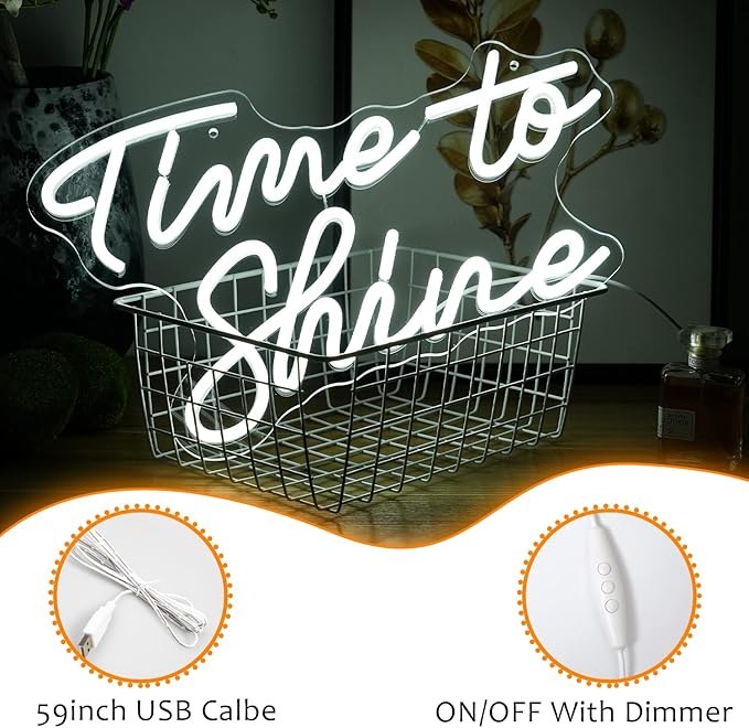 Time To Shine Neon Sign White Led Sign Time To Shine Neon Lights Decor for Lover Dimmable Letter Neon Wall Signs USB Powered with Switch Neon Signs for Wall Decor Party Wedding（16.5’’X10.2’’）-StrideForce Fitness