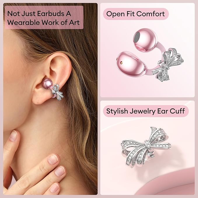 PAXA Stylish Open Ear Clip On Earbuds with Removable Butterfly Earring, Clip On Headphones with LCD Touch Screen, Fashionables Open Ear Headphones for Women, Bow Tie Earring Rose Gold Earbuds-StrideForce Fitness
