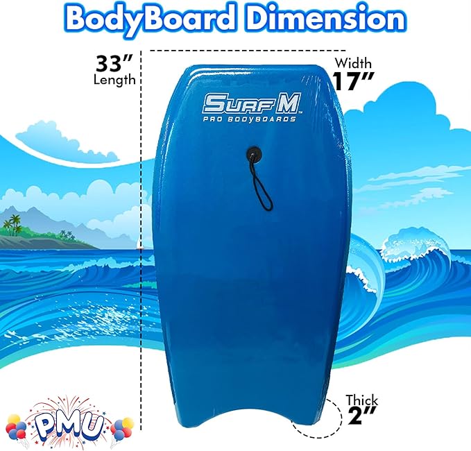 PMU 33 Inch Sky Blue Bodyboard - Lightweight Wrist Leash, Slick Bottom Boards for Beach, Sea & Pool - Surfing Board for Kids, Teens & Adults Wave Conditions Pkg/1-StrideForce Fitness