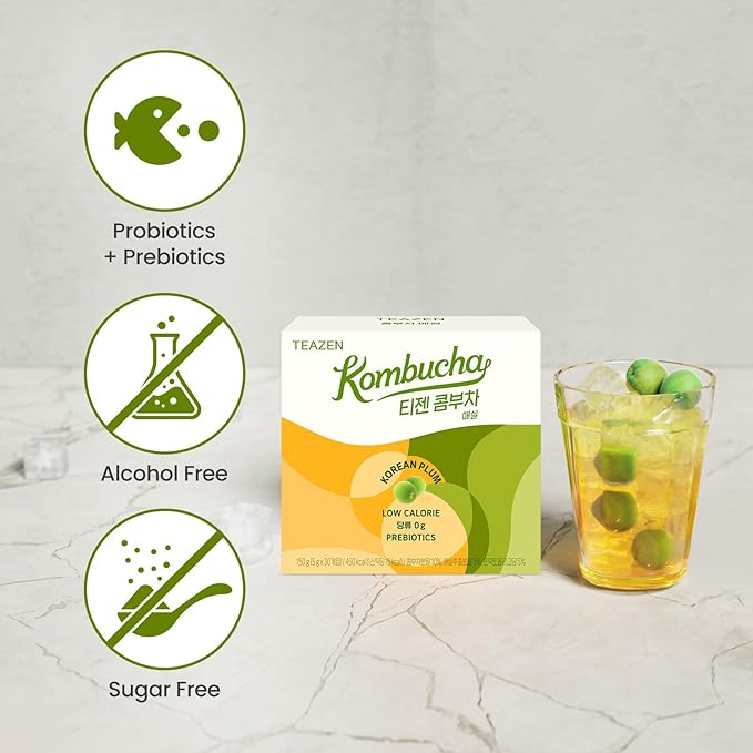 TEAZEN Japanese Apricot Kombucha Tea, Electrolyte & Hydration Drink Mix, Sugar Free, Live Probiotics & Prebiotics, 30 Sticks, 5.29oz-StrideForce Fitness