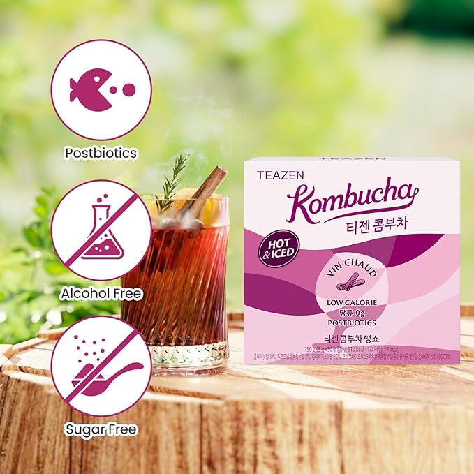 TEAZEN Mulled Wine Kombucha Tea, Live Probiotics & Postbiotics, Relaxation and Warmth for Colds and Sore Throat, Electrolyte & Hydration Drink Mix, Sugar Free, 30 Sticks, 5.29oz-StrideForce Fitness