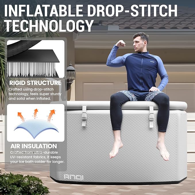 XXL Cold Plunge Tub for Athletes, Compatible with Water Chillers, 224-Gallon Inflatable Ice Bath Tub with Insulated Lid, Thermometer, Water-Absorbent Mat, Portable Ice Pod for Cold Water Therapy-StrideForce Fitness