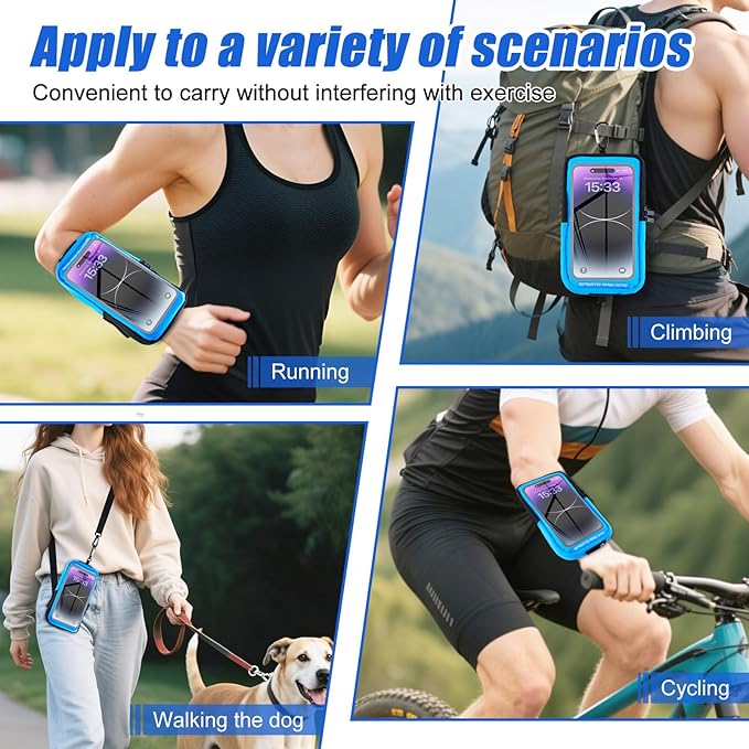 Phone Holder for Running, Running Armband Phone Holder with Carabiner, Phone Armbands for iPhone 16 15 14 13 12 11Pro Max & Galaxy S25/S24/S23, Cell Phone Armband Up to 6.8'' Phone (Blue)-StrideForce Fitness
