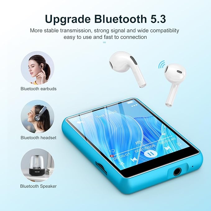 64GB Mp3 Player with Bluetooth 5.3 Blue, SWOFY M4 Music Player with 2.4" Touch Screen, HD Speaker FM Radio, Recording Support up 128GB-StrideForce Fitness