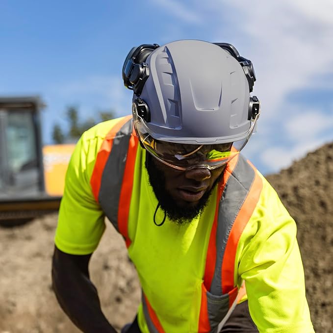 GE Safety Helmet, Impact Absorbing Tech, Adjustable Ratchet, ANSI Type 1, Memory Foam Padding, Hard Hats Protection, Lightweight, Durable, Chin Strap, Comfortable Fit OSHA Approved-StrideForce Fitness