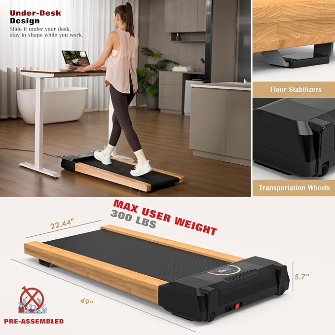 Walking Pad, High Grade Wood Under Desk Treadmill 300LBS Capacity, Max 2.5 HP Electric Treadmill for Home Office Installation-Free with Remote Control LED Display High-StrideForce Fitness