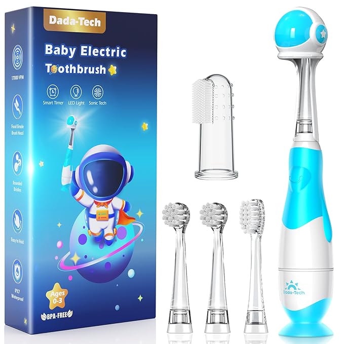 Toddler Electric Toothbrush Kids Age 1-2-3 Years Old, Infants & Baby Electric Toothbrush with Finger Tooth Brush, Cute Cover, LED Light, 2 Minutes Timer, 4 Brush Heads, Suction Cup (Blue Astronaut)