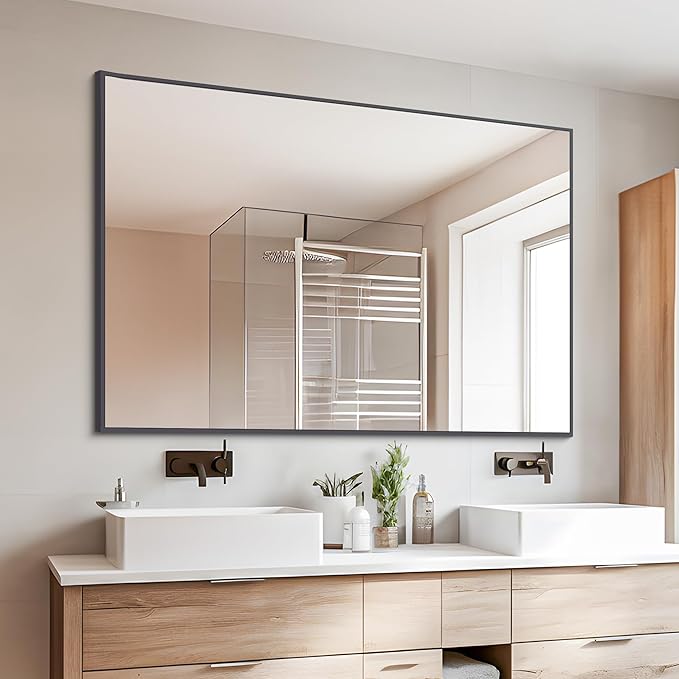 Black Bathroom Mirror for Wall, 30x40 Inch Rectangle Mirrors with Metal Frame, Modern Vanity Wall Mirror Decor for Entryway Hangs, Bathroom, Living Room Horizontal or Vertical-StrideForce Fitness
