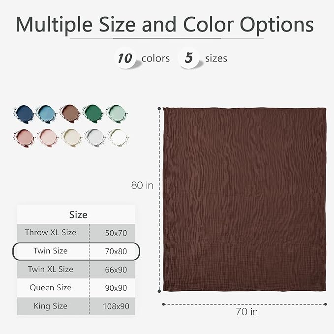 Carriediosa 100% Cotton Muslin Throw Blanket 70" X 80" Twin Size，4-Layers Summer Gauze Throws for Bed Couch，Soft Lightweight Breathable Linen Blankets Bedspread for Adults All Season，Dark Brown-StrideForce Fitness