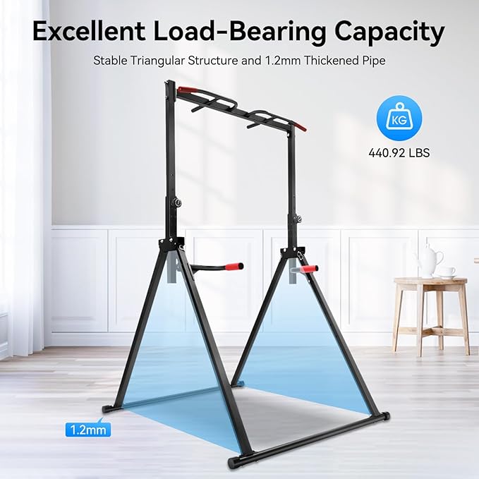 Foldable Power Tower Pull Up Bar Dip Station, 200kg/440.92lbs Triangular Pull Up Bar Station Adjustable, Multi-Function Strength Training Fitness Equipment for Home Gym-StrideForce Fitness