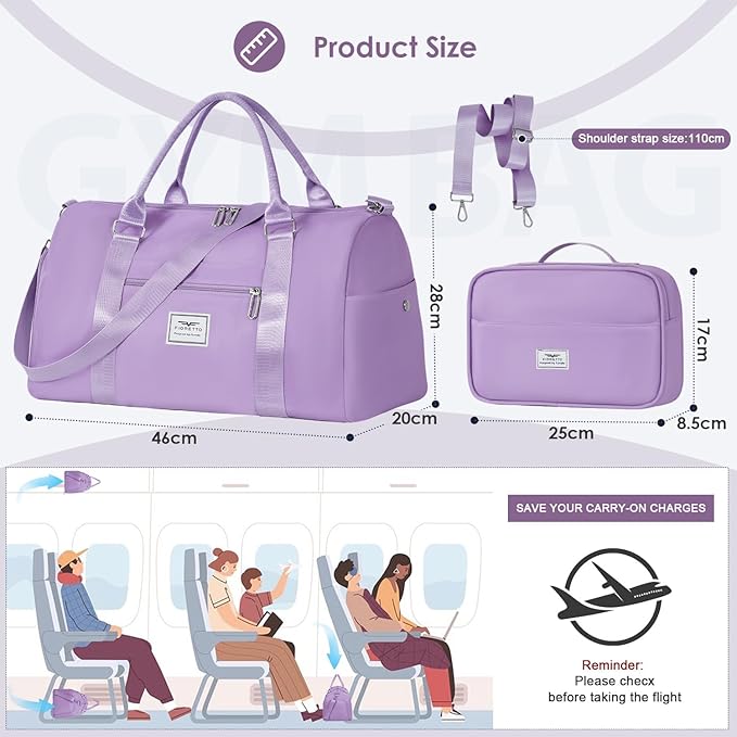 FIORETTO Womens Gym Tote Duffle Bag with Toiletry Bag, Sports Duffel Overnight Hospital Workout Carry on Bag for Girls with Wet Pocket & Shoe Compartment, Ideal for Travel, Swimming, Dance Purple-StrideForce Fitness