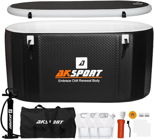 AKSPORT Ice Bath Tub for Athletes, 238 Gallons Inflatable Cold Plunge Tub Compatible with Water Chillers, Icebath for Recovery & Cold Water Therapy, Portable Bathtub for Indoor & Outdoor-Black-StrideForce Fitness