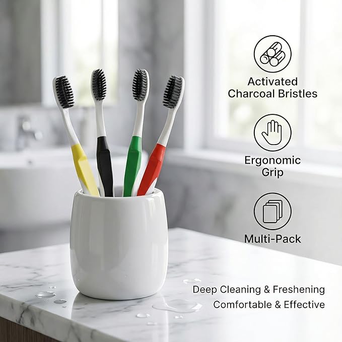 Dolphin Charcoal Toothbrush Extra Soft Bristle Manual Soft Long Flossing, Ultra Clean Toothbrush, Good for Sensitive Teeth and Gums (Multi, Charcoal 4 Packs)