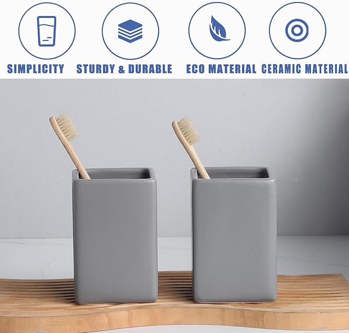 Grey Square Toothbrush Holders - Ceramic Toothbrush Holders for Bathrooms, Toothbrush Toothpaste Holders, Marble Bathroom Tumbler Cups Reusable Toothbrush Mouthwash Cup, Bathroom Counter Organizer