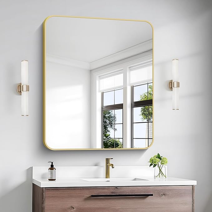 Gold Bathroom Mirror,30x36 inch Wall Mirror for Bathroom Wall Mounted,Round Rectangle Mirror for Bathroom Over Sink,Modern Frame for Home Decor Living Room,Bedroom Entryway,Horizontal/Vertical-StrideForce Fitness