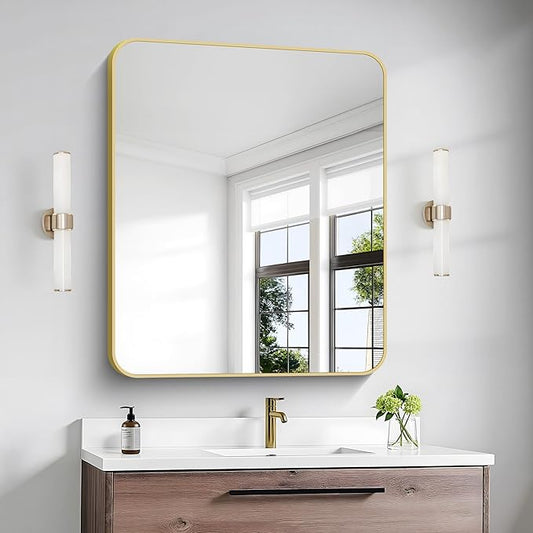 Gold Bathroom Mirror,30x36 inch Wall Mirror for Bathroom Wall Mounted,Round Rectangle Mirror for Bathroom Over Sink,Modern Frame for Home Decor Living Room,Bedroom Entryway,Horizontal/Vertical-StrideForce Fitness