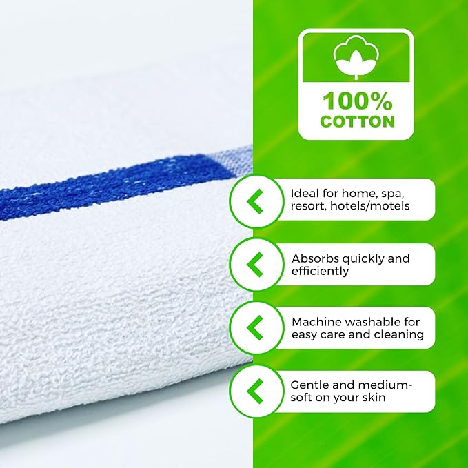 Towels N More 24x48 Soft Poolside Towels - 48 Large Super Absorbent Pool Towel White and Blue Center Stripe - Ideal for Home, Pool, Spa, Gym, Hotel, Motel Rental Room Use - 100% Cotton Bath Towels-StrideForce Fitness