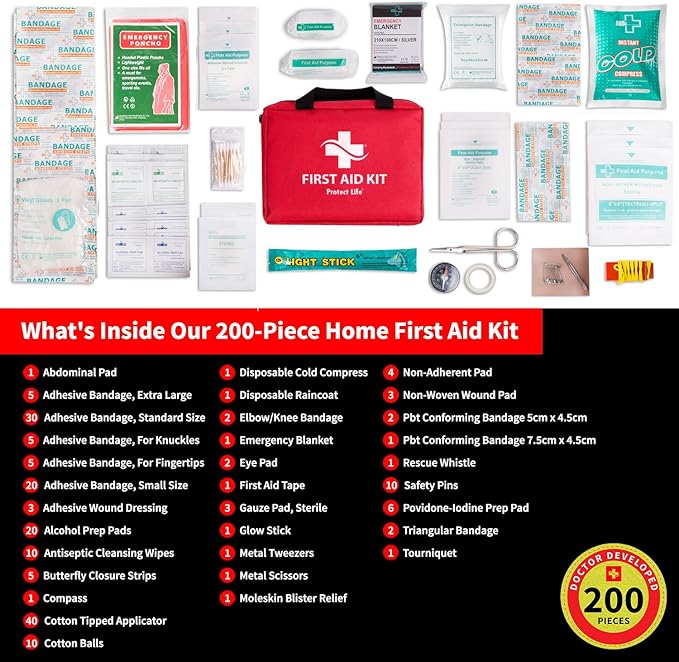 Protect Life Survival First Aid Kit for Home/Business, Camping Survival Kits | Mini Travel First Aid Kit | Camping Equipment | Small Kits for Car | Outdoor Emergency Survivals Pack - 200pcs-StrideForce Fitness