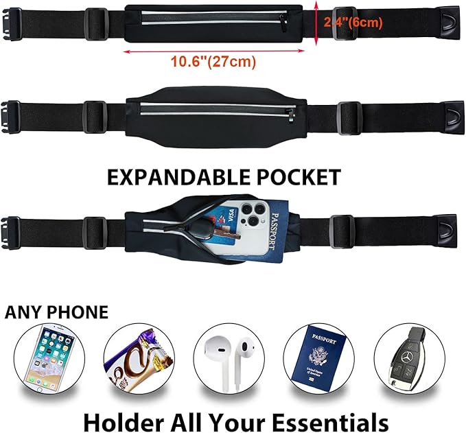 Running Belt Fanny Pack, Slim Runners Waist Pack for Men & Women [Fits ALL Phones], Money Belt, Reflective Running Gear Accessories Fitness Phone Holder for Exercise Marathon Jogging (Black1)-StrideForce Fitness