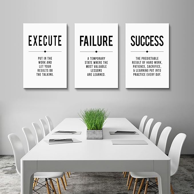 Framed Canvas Wall Art Success Quote, Office Wall Art, Black Large Poster, Positive Motivational Set of 3 Prints, Execute Failure Success Poster, Inspirational Print (D-3pcs,16x24inchx3pcs)-StrideForce Fitness