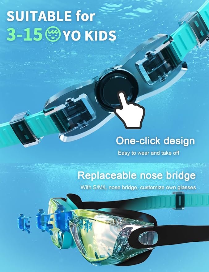 Kids Swim Goggles, Swimming Goggles for Kids with Nose Clip, Earplugs, Nose Bridge for Age 3-15-StrideForce Fitness