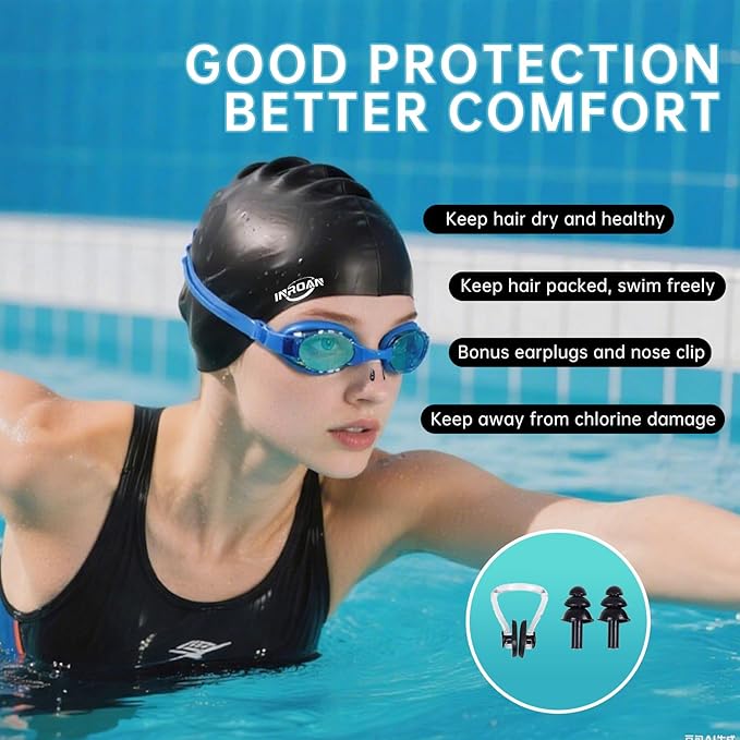 Large Thick Hair Swim Cap with Extra Room for Women Men, Premium Silicone Swimming Cap for Long Hair with Ear Plugs Nose Clip Set, Adult Waterproof Swim Hats Bathing Caps to Keep Hair Dry-StrideForce Fitness