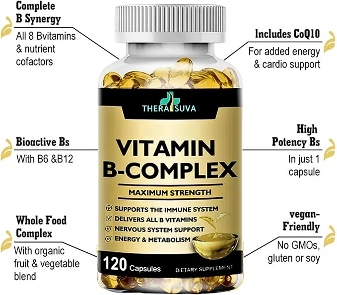 Vitamin B-Complex + CoQ10 + Vitamin C - Max Strength Supplement for Energy, Metabolism Support, 120 Softgels, 60 Day Supply-StrideForce Fitness