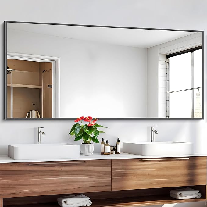 Black Bathroom Mirror for Wall, 72x36 Inch Rectangle Mirrors with Metal Frame, Modern Vanity Wall Mirror Decor for Entryway Hangs, Bathroom Living Room Horizontal or Vertical-StrideForce Fitness