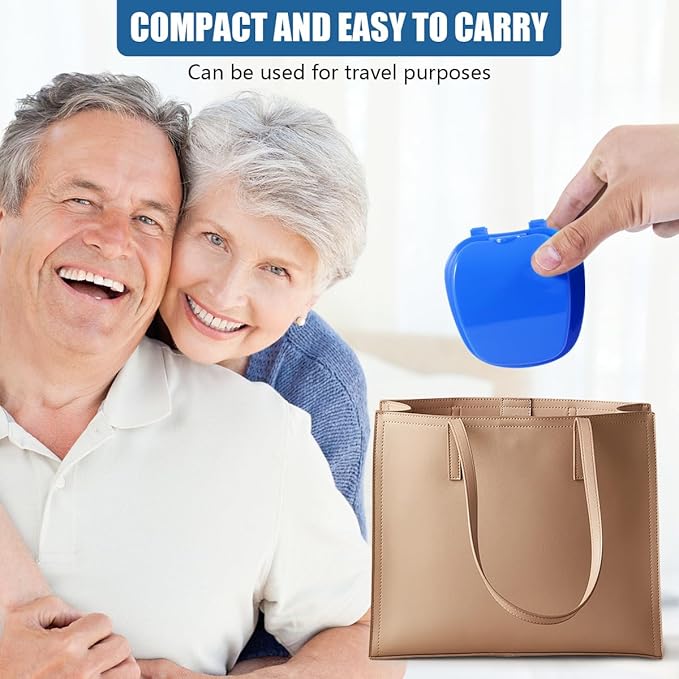 2 Pack Denture Bath Case Cup Box Holder Storage Container with Denture Cleaner Brush Strainer Basket for Travel Cleaning (White and Blue)