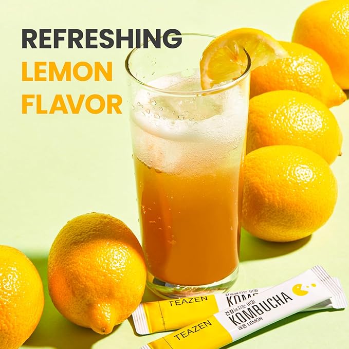 TEAZEN Lemon Kombucha Tea, Hydration Drink Mix, Sugar Free, Live Probiotics & Prebiotics, 30 Sticks, 5.29oz-StrideForce Fitness