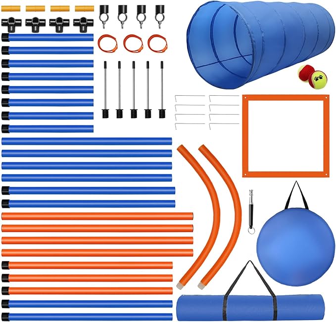 Dog Agility Training Equipment, 60-Piece Dog Obstacle Course Training Starter Kit Pet Outdoor Game with Tunnel, Agility Hurdle, Weave Poles, Jump Ring, Pause Box, Toy Balls and Storage Bag-StrideForce Fitness