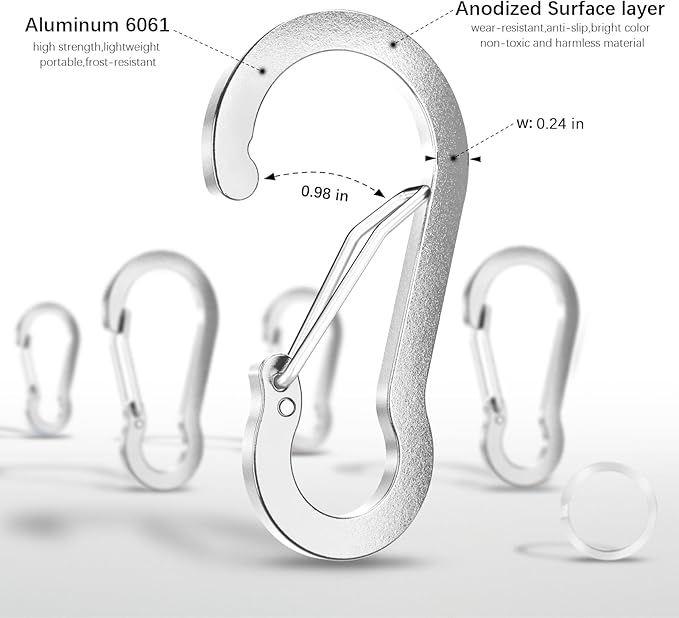 sprookber 3.2 Inch Aluminum Carabiner Clips D Ring, Caribeaner Spring Snap Hook with Keychain for Camping, Hiking, Gym & Outdoor Gear, Set of 10-StrideForce Fitness