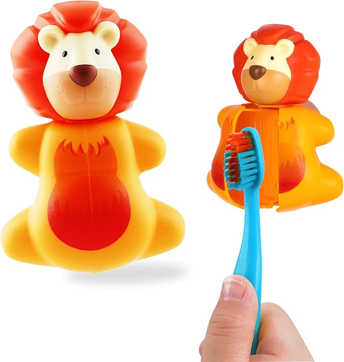 Flipper Fun Animal Lion Toothbrush Cover – Kids Toothbrush Holder with Cover – Toothbrush Holders for Bathrooms - Suction Cup Toothbrush Holder