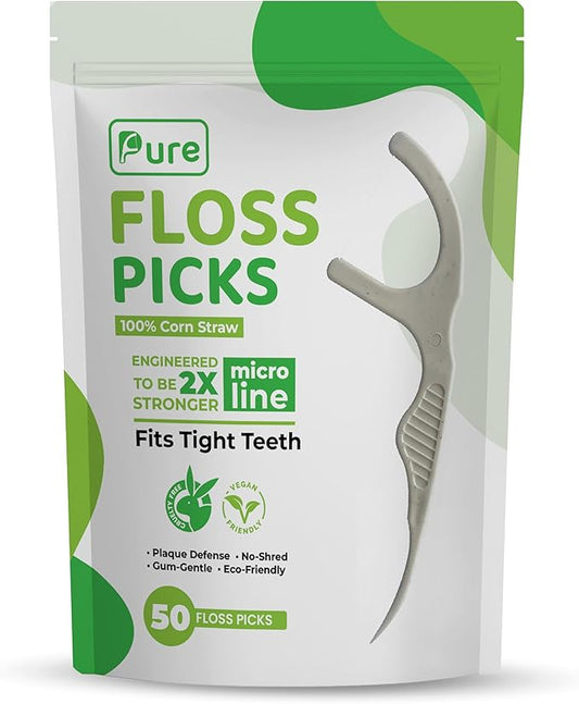 Biodegradable Floss Picks with Corn Straw Handle, Strong No-Shred UHMWPE Floss for Tight Teeth & Gum Care, Strong Anti-Shred Thread for Tight Gaps, Light Mint-Flavored Dental Picks (50 Picks)
