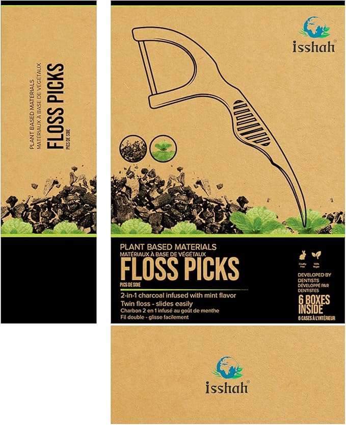 Plant Based Dental Floss Picks (300 Count) - Freshlock EcoPouch, Plant Based, Vegan, Eco Friendly, Sustainable Dental Flossers - Twin Floss (Charcoal)