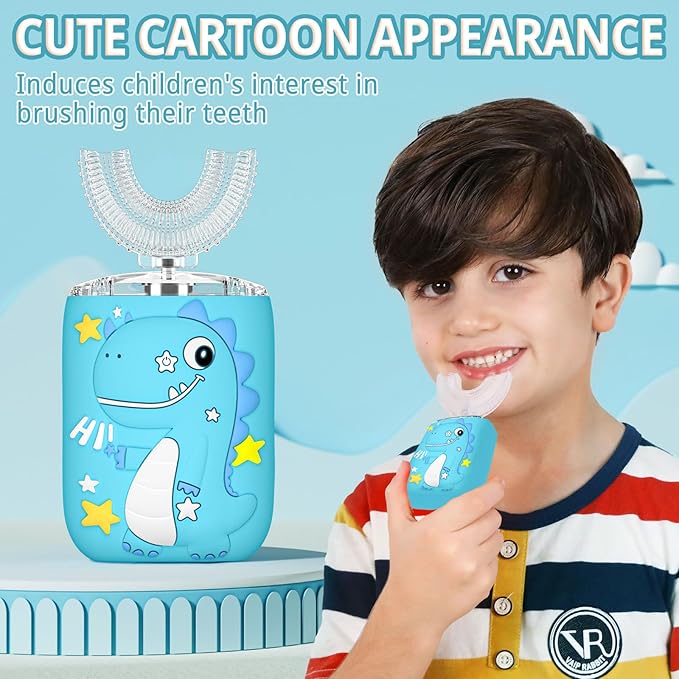 Kids Electric U Shaped Toothbrush,Kids Sonic Full Mouth Toothbrush with 4 Soft Brush Head Automatic 6 Cleaning Modes IPX7 Waterproof 360 Degree Cleaning - Age2-7 Watermelon Blue