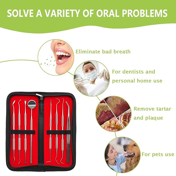 8 Pack Dental Tools PARYUNGR Teeth Cleaning Tool Kit, Stainless Steel Scraper Plaque Tartar Remover Tooth Cleaner Dental Floss Picks, Professional Oral Care Hygiene Set for Personal Pet Use with Case