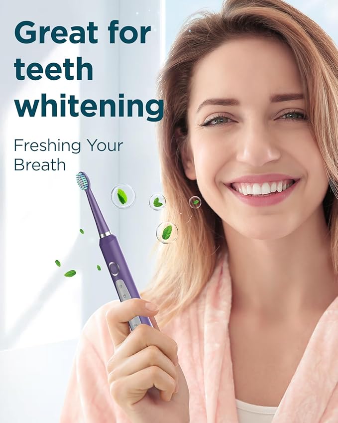 Rtauys M5 Sonic Electric Toothbrush for Adults and Kids - Rechargeable Electric Toothbrush Kids Ages 12+ and Adults with 8 Brush Heads & Travel Case, 120 Days Battery Life - Purple
