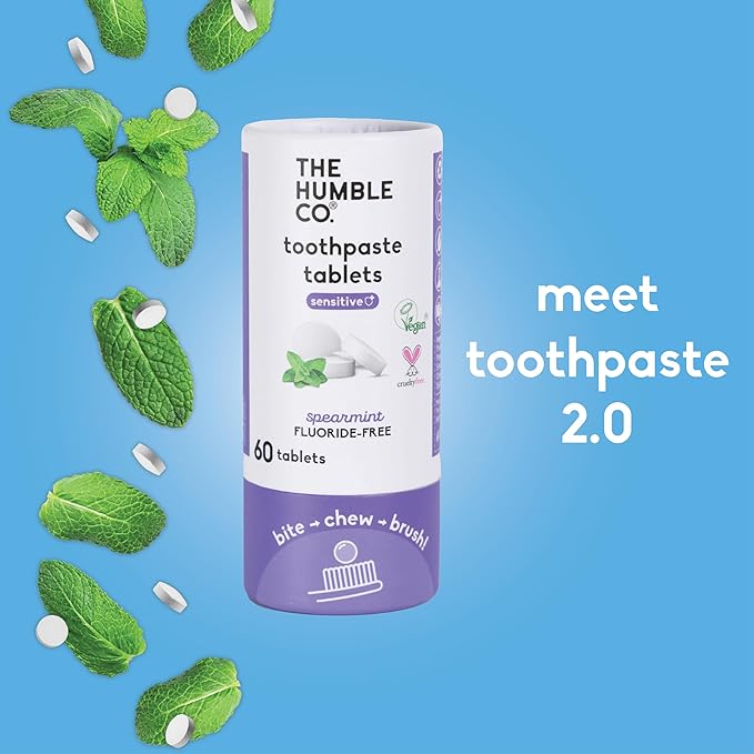 The Humble Co. Sensitive Toothpaste Tablets – Fluoride Free Toothpaste Tablets for Sensitive Teeth and Gums, Dentist Developed Formula, Vegan, SLS Free, Plastic Free (Spearmint, 3PK)